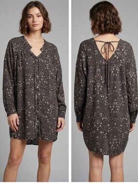 blue b. Boho Charcoal Floral Mini Dress Notch V-neck Long Sleeves & Tie-Back